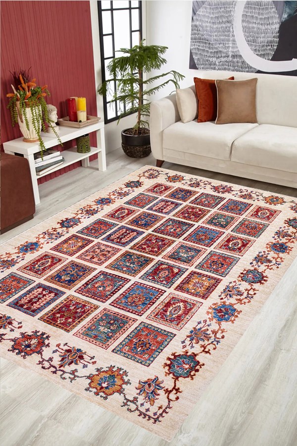 Dijital Baskılı Yıkanabilir Krem Renkli Patchwork Desenli Kaymaz Taban Halı