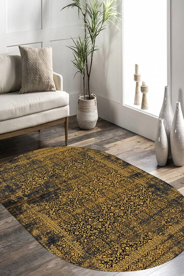 Dijital Baskılı Yıkanabilir Sarı Renkli Desenli Oval Kaymaz Taban Halı