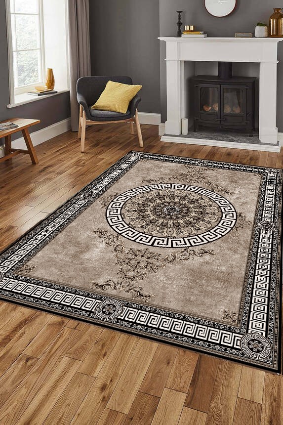 Dijital Baskılı Yıkanabilir Siyah Beyaz Çerçeveli Klasik Desenli Kaymaz Taban Halı