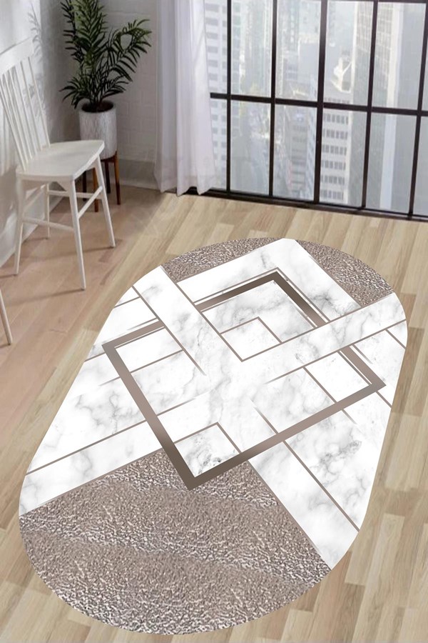 Dijital Baskılı Yıkanabilir Kahverengi Mermer Desenli Oval Kaymaz Taban Halı