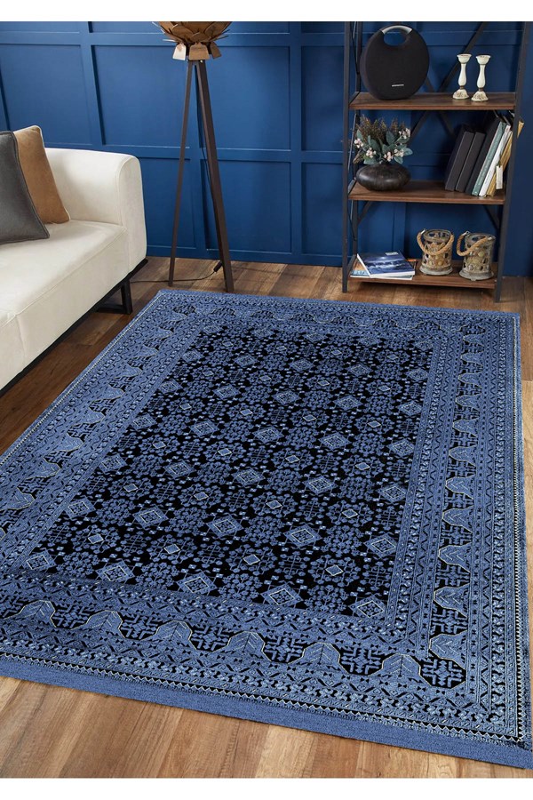 Dijital Baskılı Yıkanabilir Mavi Renkli Siyah Desenli Kaymaz Taban Halı