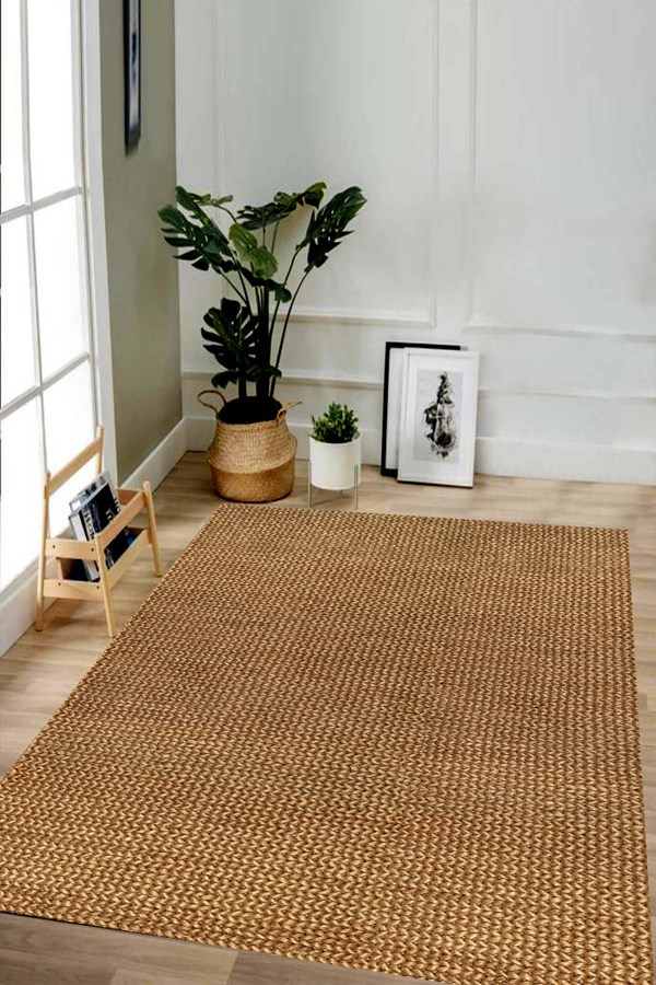 Dijital Baskılı Yıkanabilir Jüt Görünümlü Kahverengi Desenli Kaymaz Taban Halı
