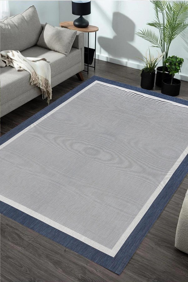 Dijital Baskılı Yıkanabilir Gri Lacivert Desenli Kaymaz Taban Halı