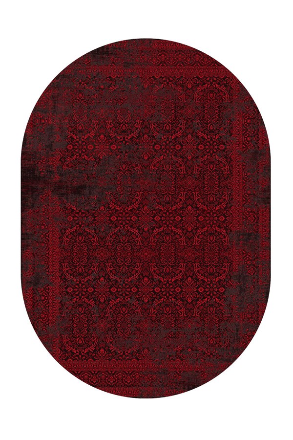 Dijital Baskılı Yıkanabilir Kırmızı Renkli Desenli Oval Kaymaz Taban Halı