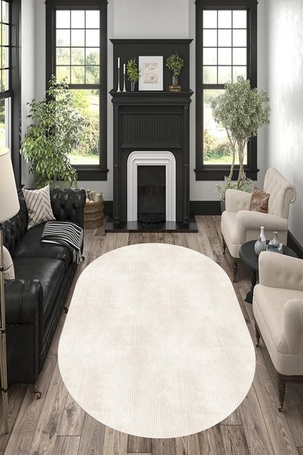 Dijital Baskılı Yıkanabilir Açık Vizon Renkli Desenli Oval Kaymaz Taban Halı