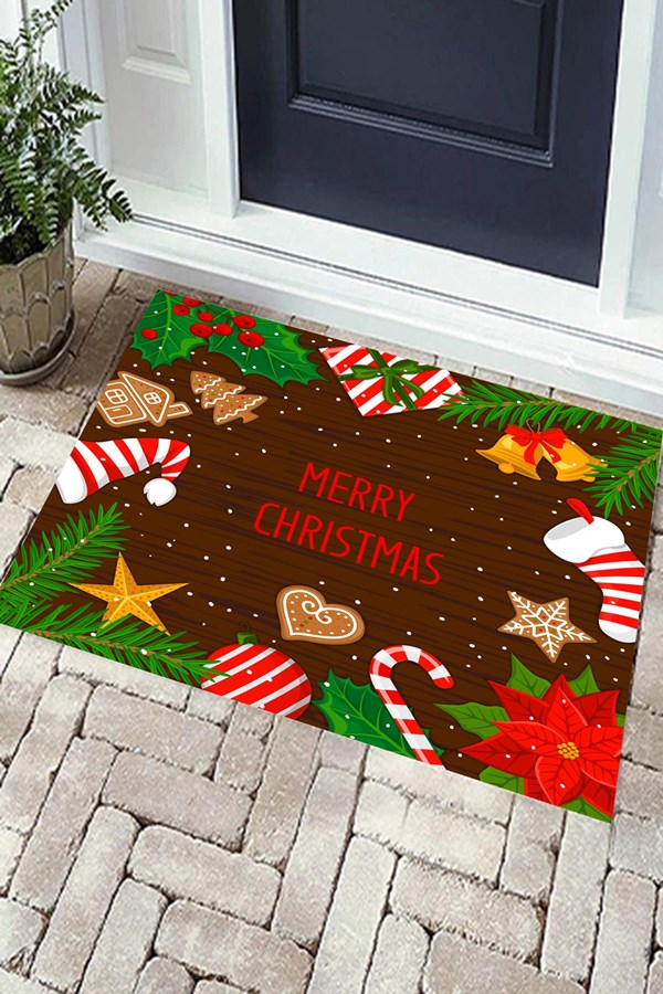 Dijital Baskılı Yıkanabilir Merry Christmas Yazılı Kapı Önü Paspası