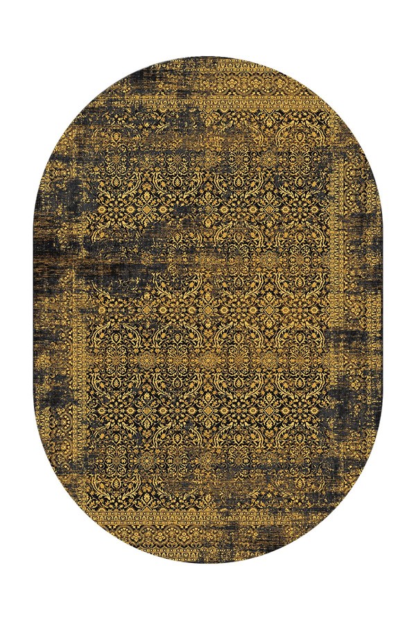 Dijital Baskılı Yıkanabilir Sarı Renkli Desenli Oval Kaymaz Taban Halı