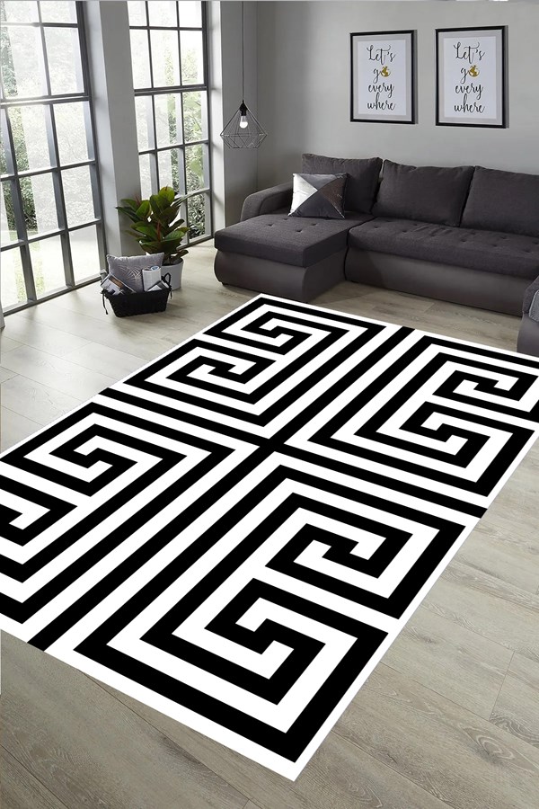 Dijital Baskılı Yıkanabilir Siyah Geometrik Desenli Kaymaz Taban Halı