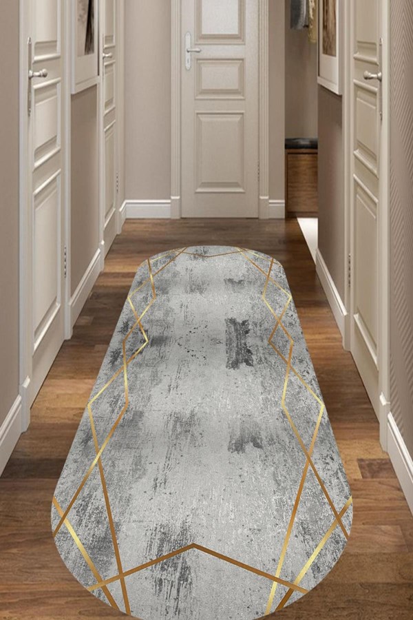 Dijital Baskılı Yıkanabilir Gri Gold Desenli Oval Kaymaz Taban Halı