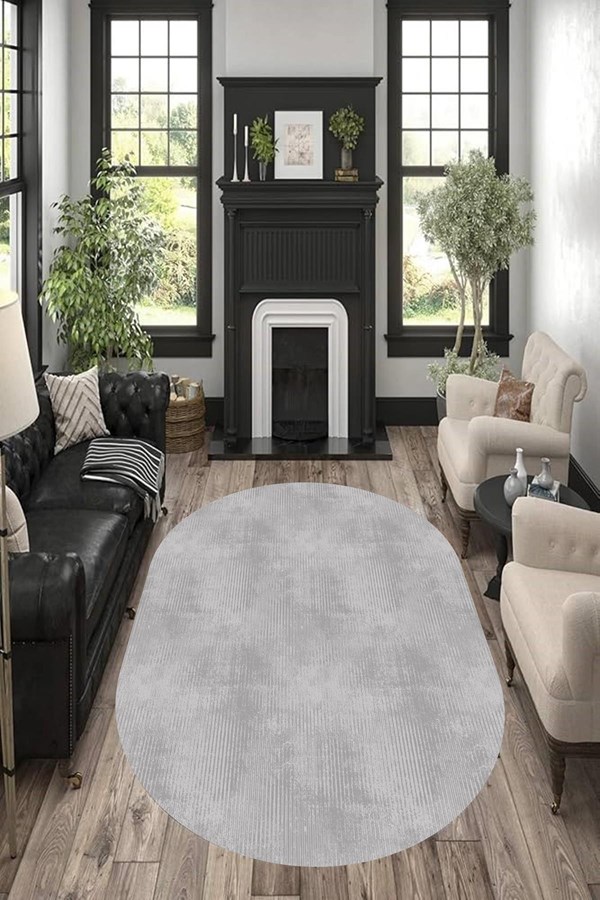 Dijital Baskılı Yıkanabilir Gri Renkli Desenli Oval Kaymaz Taban Halı