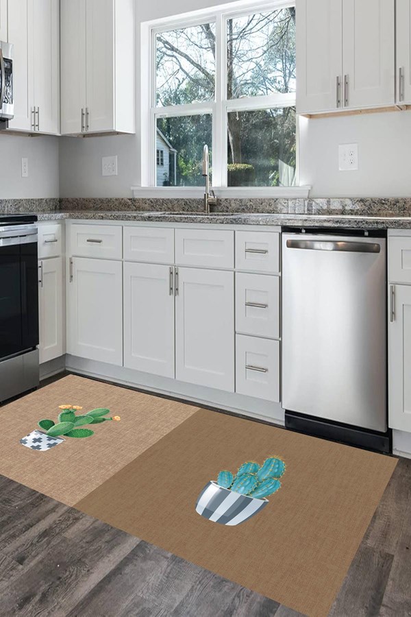 Dijital Baskılı Yıkanabilir Renkli Kaktüs Desenli Kaymaz Taban Mutfak Halısı