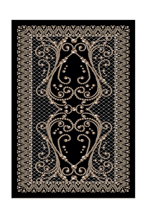 Dijital Baskılı Yıkanabilir Siyah Renkli Gold Klasik Desenli Kaymaz Taban Halı