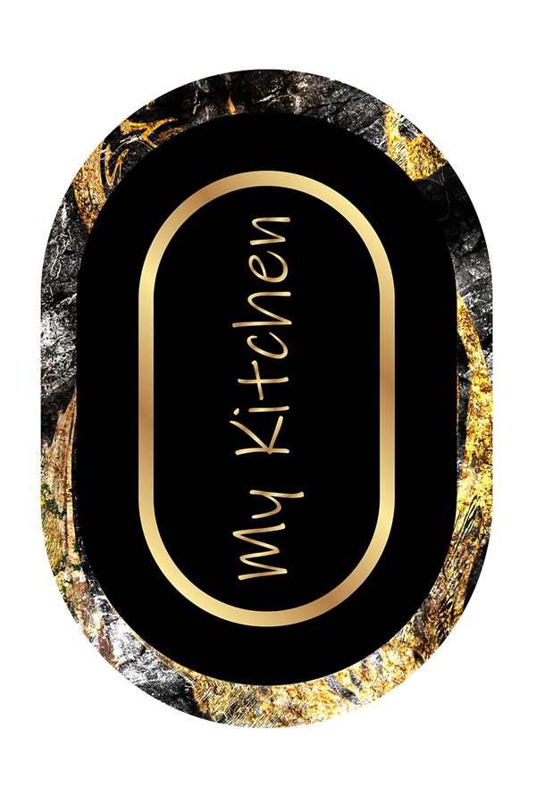 Dijital Baskılı Yıkanabilir Siyah Gold Kitchen Desenli Oval Kaymaz Taban Halı