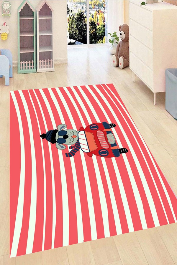 Dijital Baskılı Yıkanabilir Kırmızı Renkli Sevimli Ayı Desenli Kaymaz Taban Çocuk Halısı