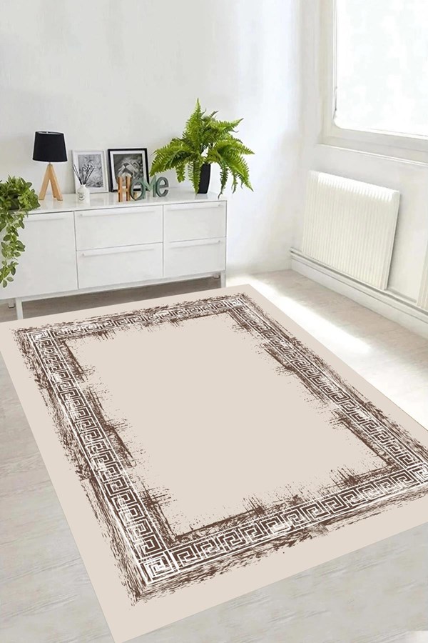 Dijital Baskılı Yıkanabilir Krem Kahverengi Desenli Kaymaz Taban Halı