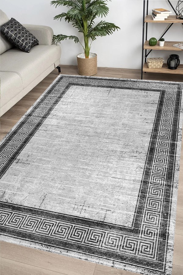 Dijital Baskılı Yıkanabilir Modern Desenli Gri Çerçeveli Kaymaz Taban Halı