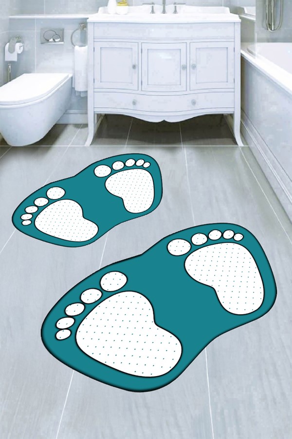 Dekoratif Dijital Baskılı Ayak İzi Desenli Banyo Paspas Takımı