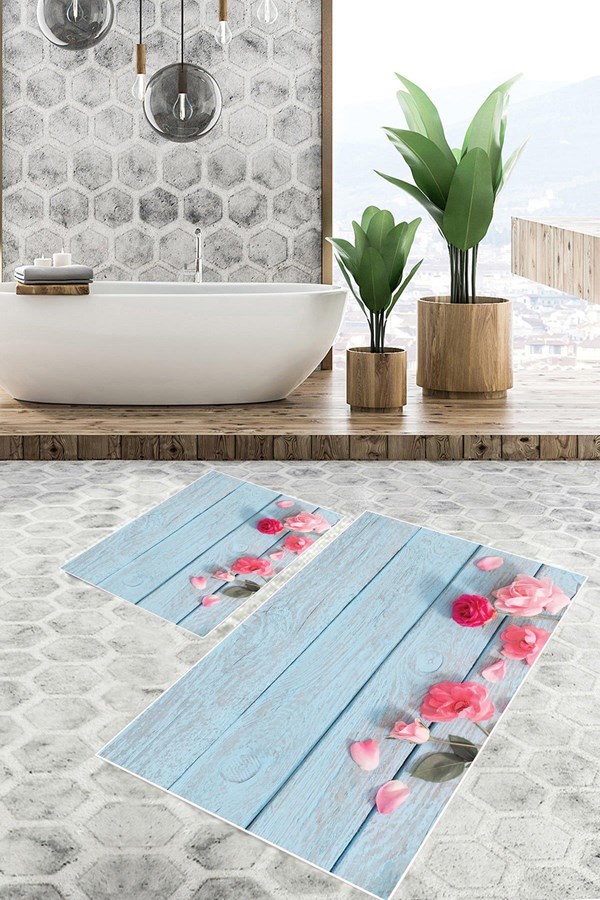 Dijital Baskılı Yıkanabilir Pembe Gül Desenli Kaymaz Taban 2'li Banyo Paspas Seti