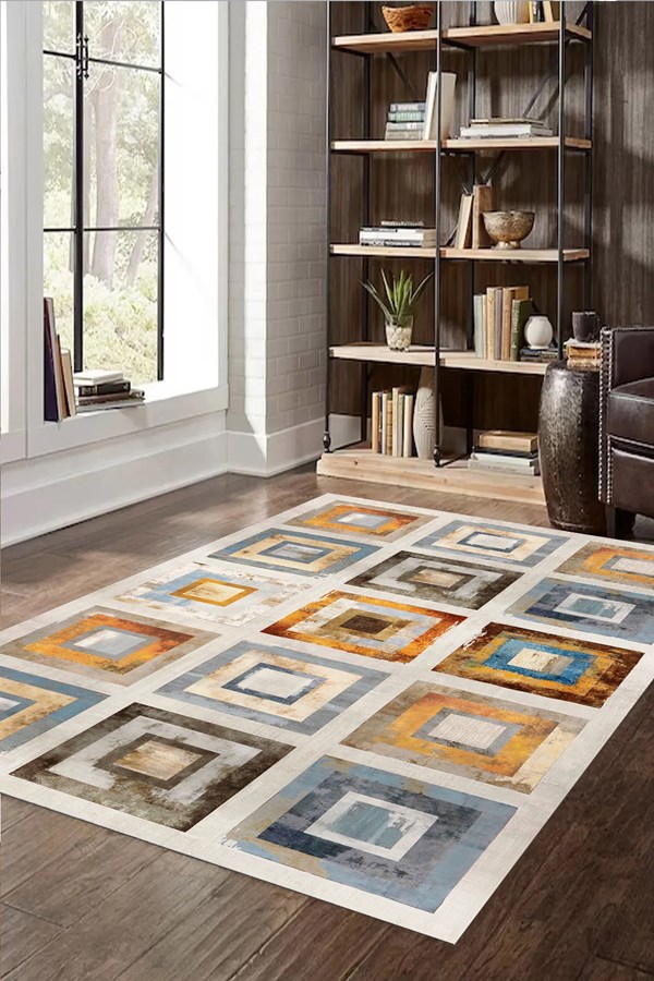 Dijital Baskılı Yıkanabilir Renkli Patchwork Desenli Kaymaz Taban Halı