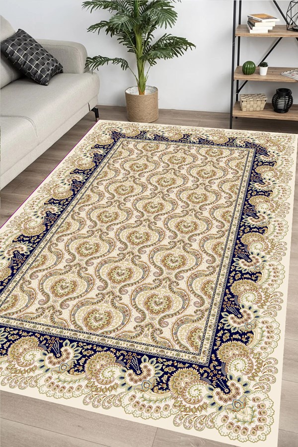 Dijital Baskılı Yıkanabilir Krem Renkli Mavi Desenli Kaymaz Taban Halı