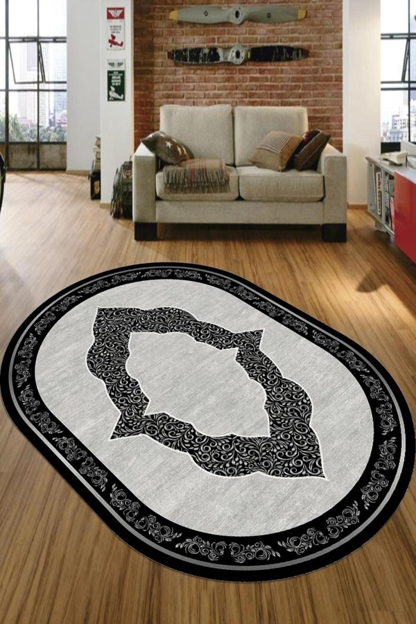 Dijital Baskılı Yıkanabilir Oval Siyah Göbekli Kaymaz Taban Halı