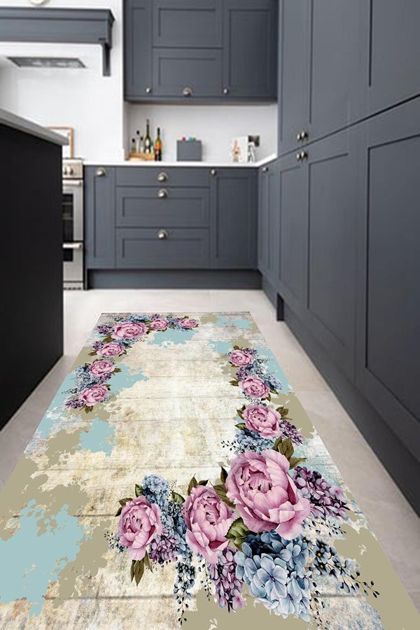 Dijital Baskılı Yıkanabilir Pembe Gül Desenli Kaymaz Taban Mutfak Halısı