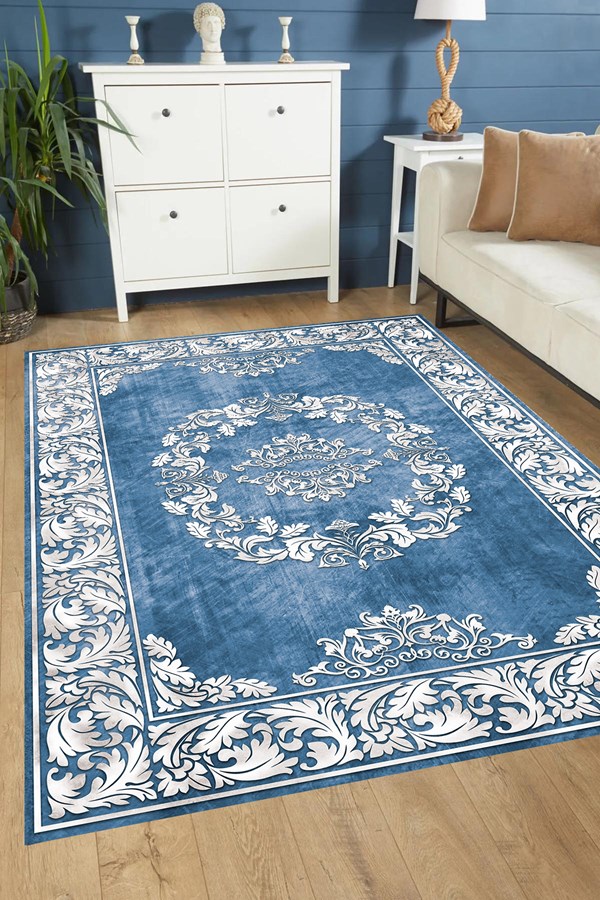 Dijital Baskılı Yıkanabilir Mavi Renkli Beyaz Desenli Kaymaz Taban Halı