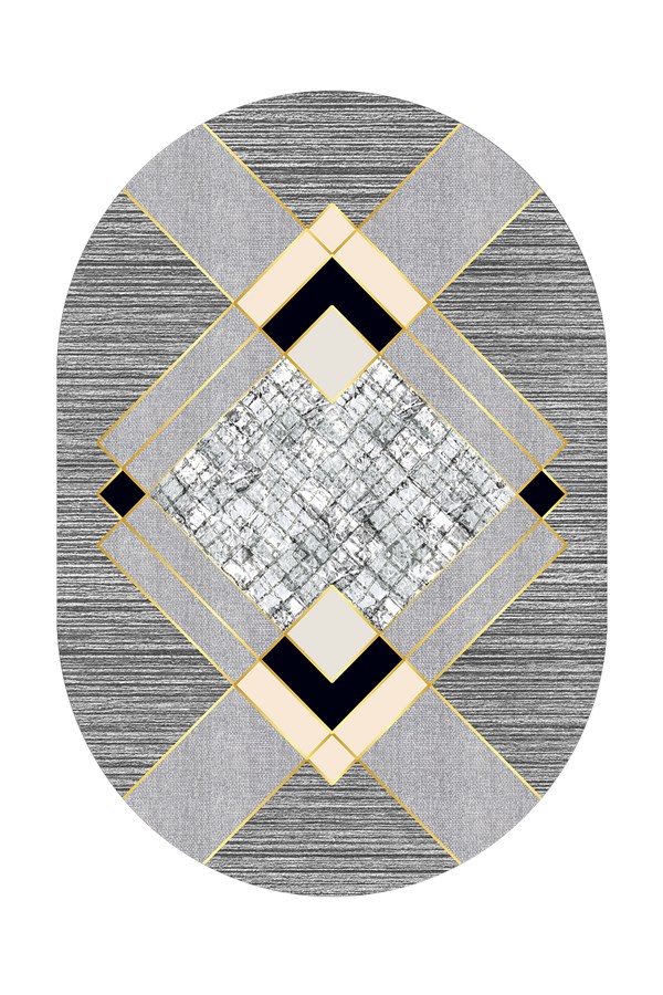 Dijital Baskılı Yıkanabilir Gri Renkli Kristal Göbekli Oval Kaymaz Taban Halı