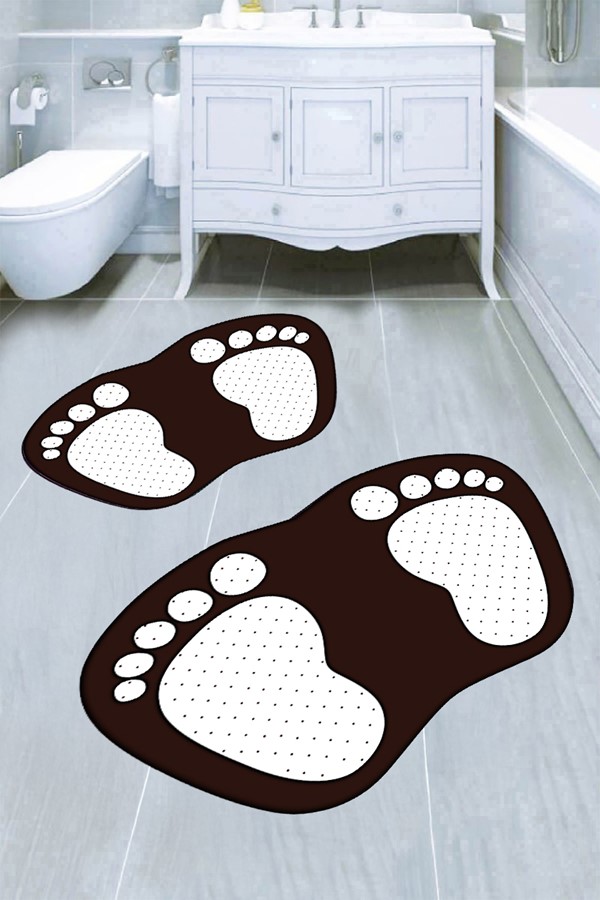 Dekoratif Dijital Baskılı Ayak İzi Desenli Banyo Paspas Takımı
