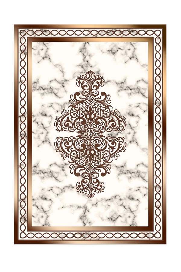 Dijital Baskılı Yıkanabilir Beyaz Gold Mermer Desenli Çerçeveli Kaymaz Taban Halı