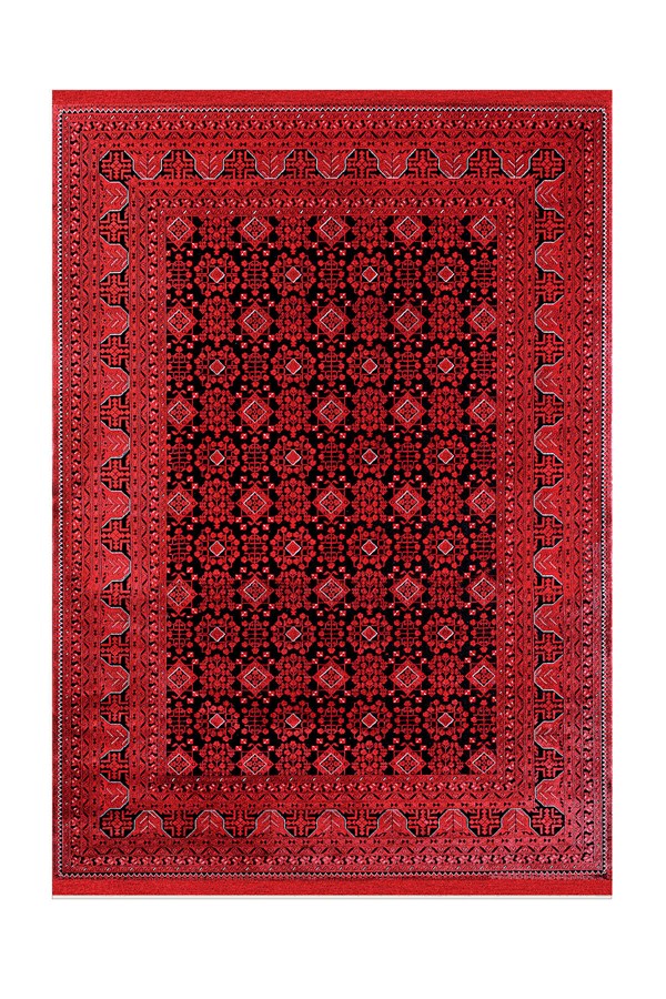 Dijital Baskılı Yıkanabilir Kırmızı Renkli Siyah Desenli Kaymaz Taban Halı