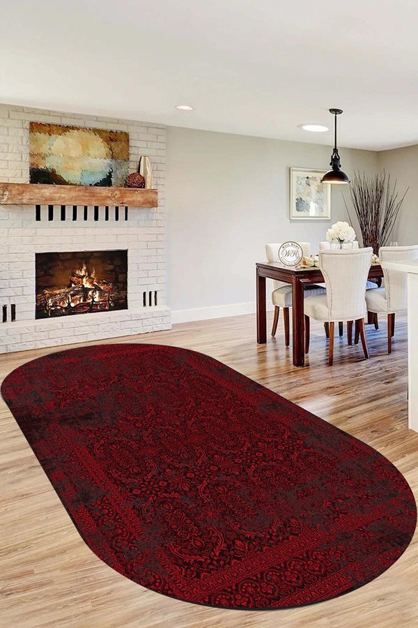 Dijital Baskılı Yıkanabilir Kırmızı Renkli Desenli Oval Kaymaz Taban Halı