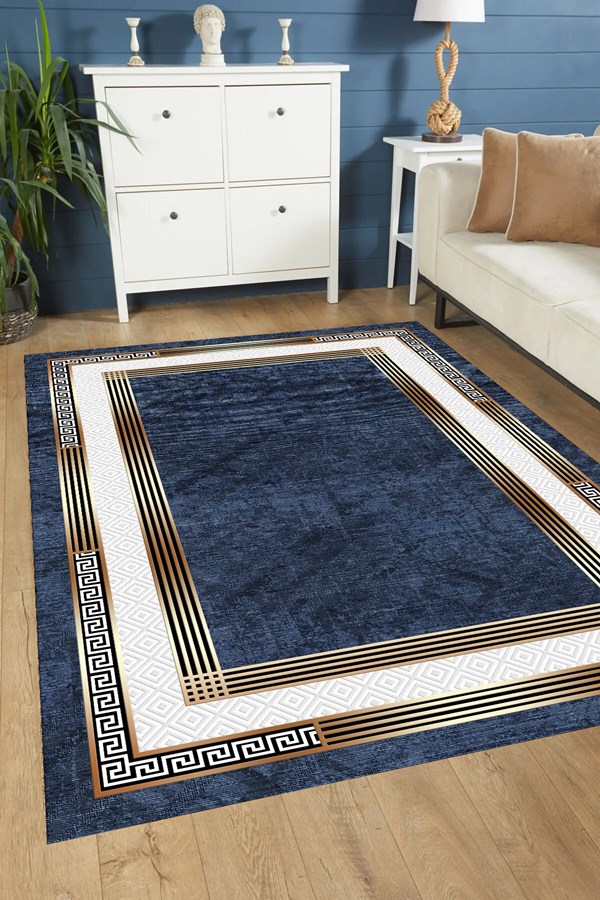 Dijital Baskılı Yıkanabilir Lacivert Renkli Gold Çerçeveli Kaymaz Taban Halı