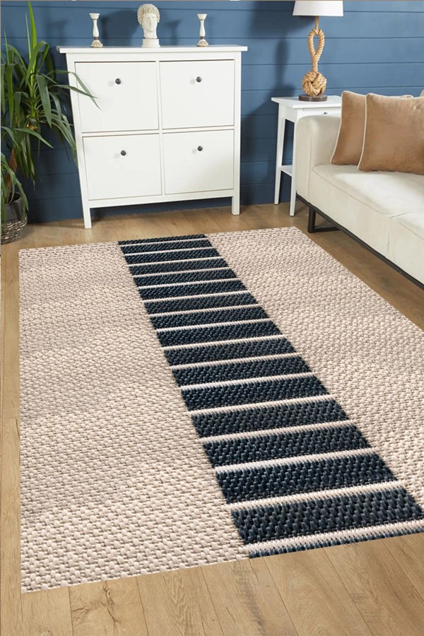 Dijital Baskılı Yıkanabilir Krem Renkli Lacivert Modern Desenli Kaymaz Taban Halı