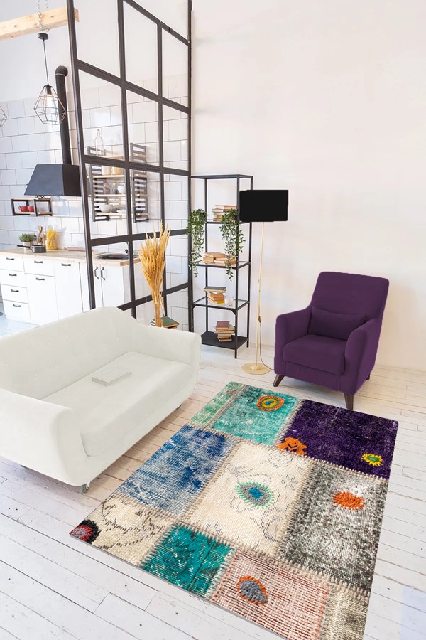Dijital Baskılı Yıkanabilir Renkli Patchwork Desenli Kaymaz Taban Halı