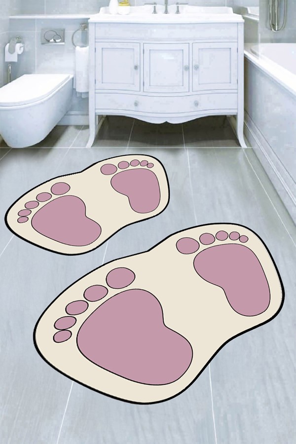 Dekoratif Dijital Baskılı Ayak İzi Desenli Banyo Paspas Takımı