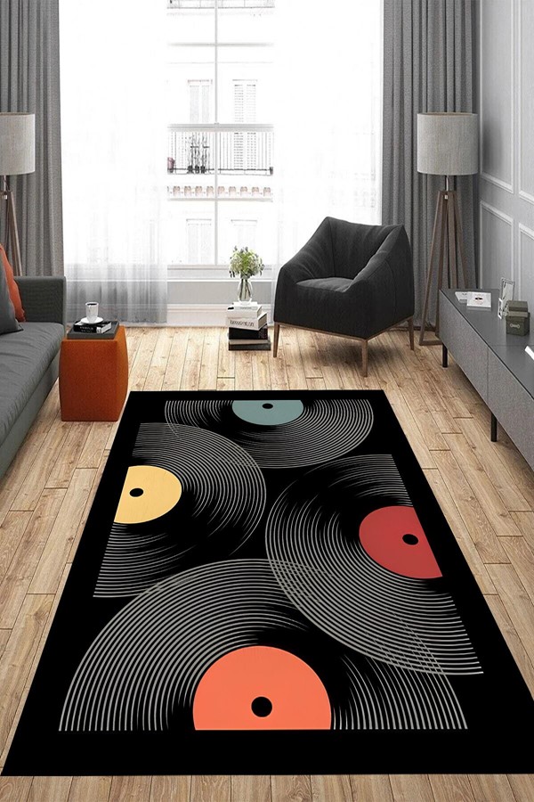 Dijital Baskılı Yıkanabilir Müzik Plak Desen Kaymaz Taban Halı