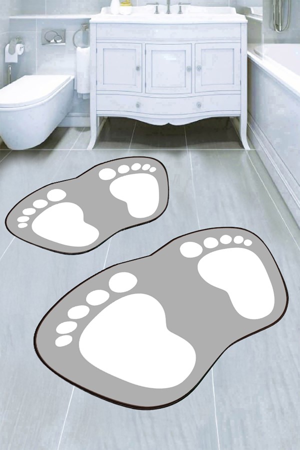 Dekoratif Dijital Baskılı Ayak İzi Desenli Banyo Paspas Takımı
