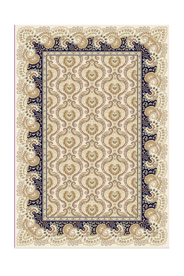 Dijital Baskılı Yıkanabilir Krem Renkli Mavi Desenli Kaymaz Taban Halı