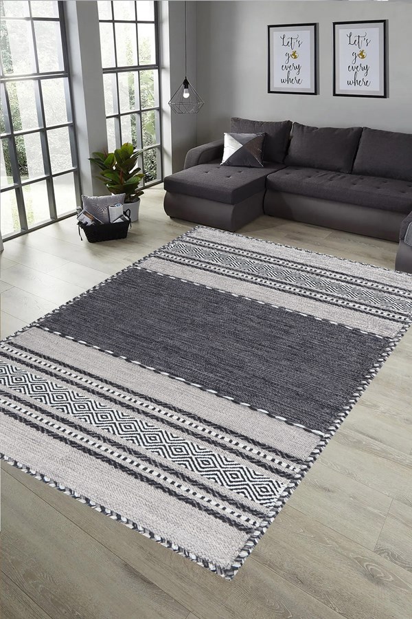 Dijital Baskılı Yıkanabilir Gri Renkli Çizgi Desenli Kaymaz Taban Halı