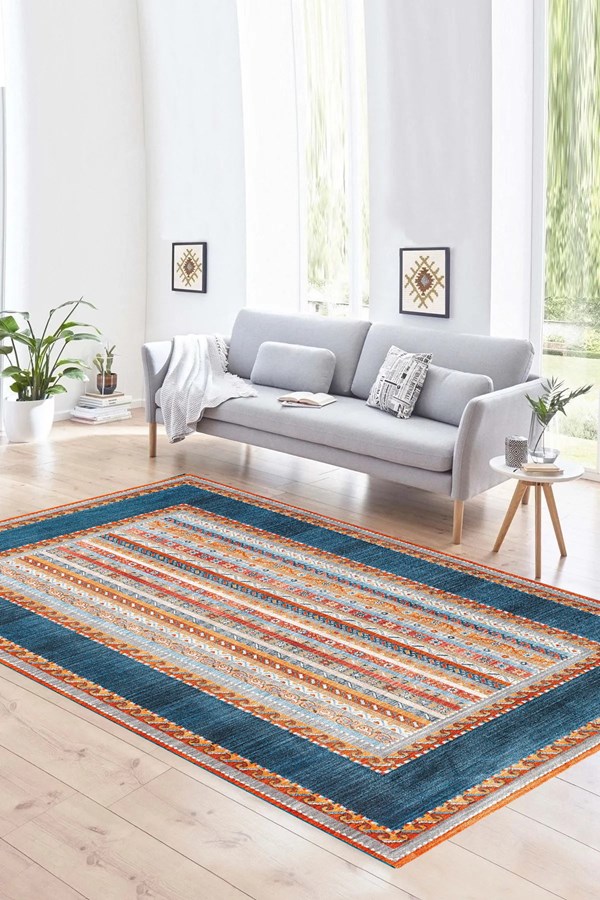 Dijital Baskılı Yıkanabilir Renkli Etnik Desenli Kaymaz Taban Halı