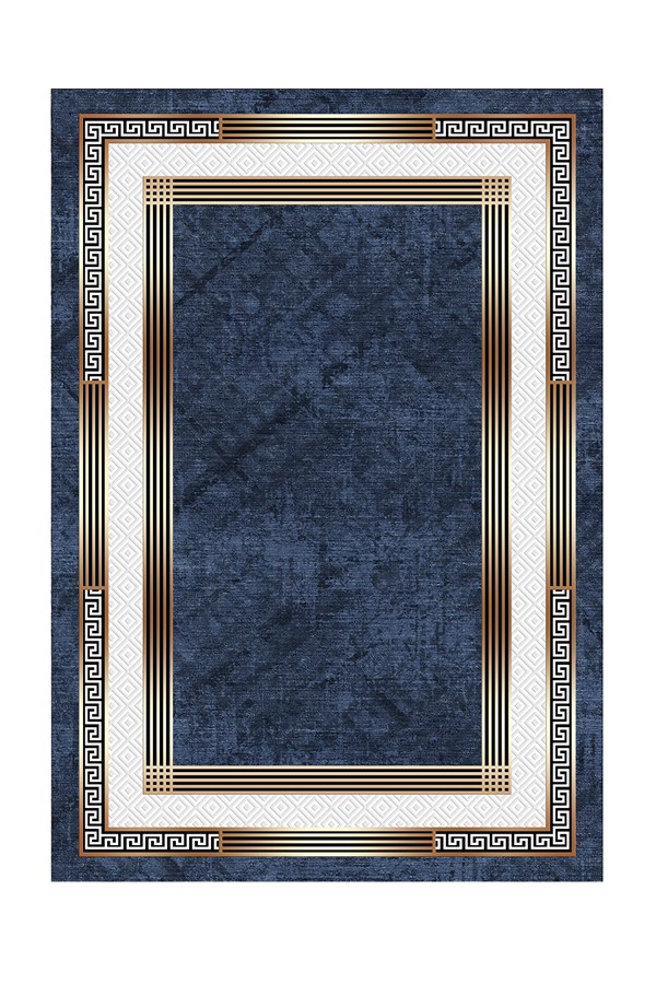 Dijital Baskılı Yıkanabilir Lacivert Renkli Gold Çerçeveli Kaymaz Taban Halı