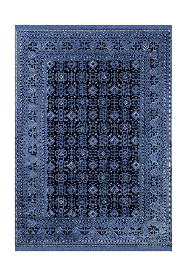 Dijital Baskılı Yıkanabilir Mavi Renkli Siyah Desenli Kaymaz Taban Halı