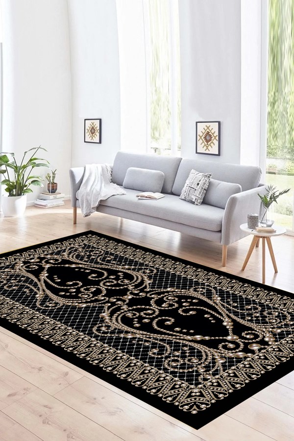 Dijital Baskılı Yıkanabilir Siyah Renkli Gold Klasik Desenli Kaymaz Taban Halı