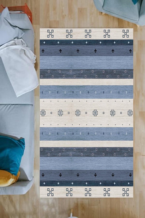 Dijital Baskılı Yıkanabilir Mavi Beyaz Modern Desenli Kaymaz Taban Halı