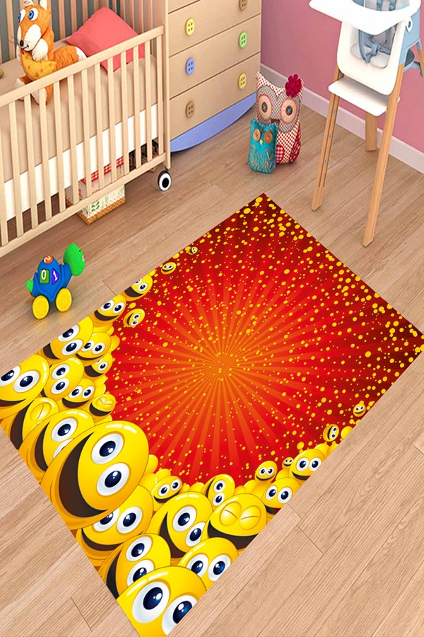 Dijital Baskılı Yıkanabilir Kaymaz Taban Kırmızı Renkli Gülen Yüzler Desenli Çocuk Odası Halısı