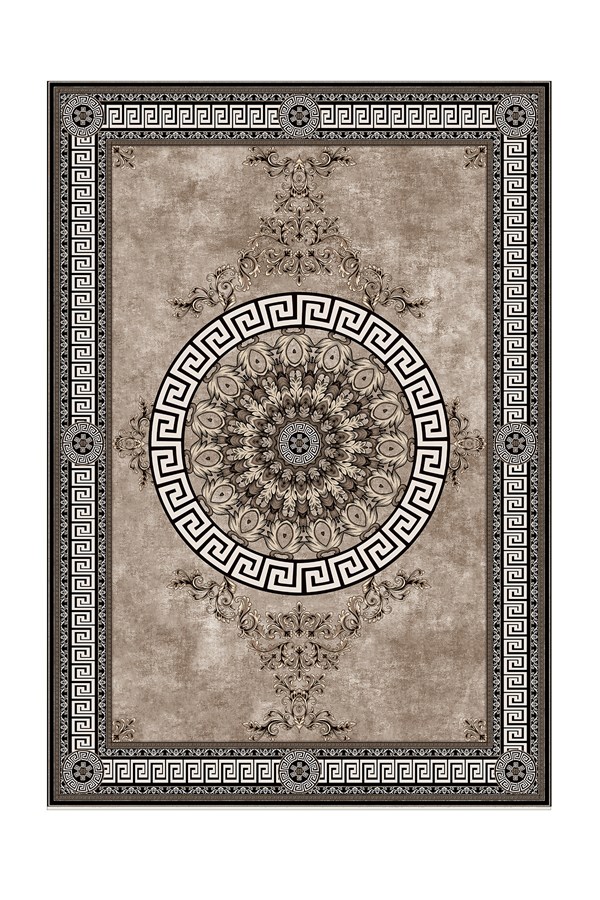 Dijital Baskılı Yıkanabilir Siyah Beyaz Çerçeveli Klasik Desenli Kaymaz Taban Halı