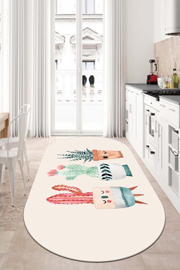 Dijital Baskılı Yıkanabilir Renkli Kaktüs Desenli Oval Kaymaz Taban Halı