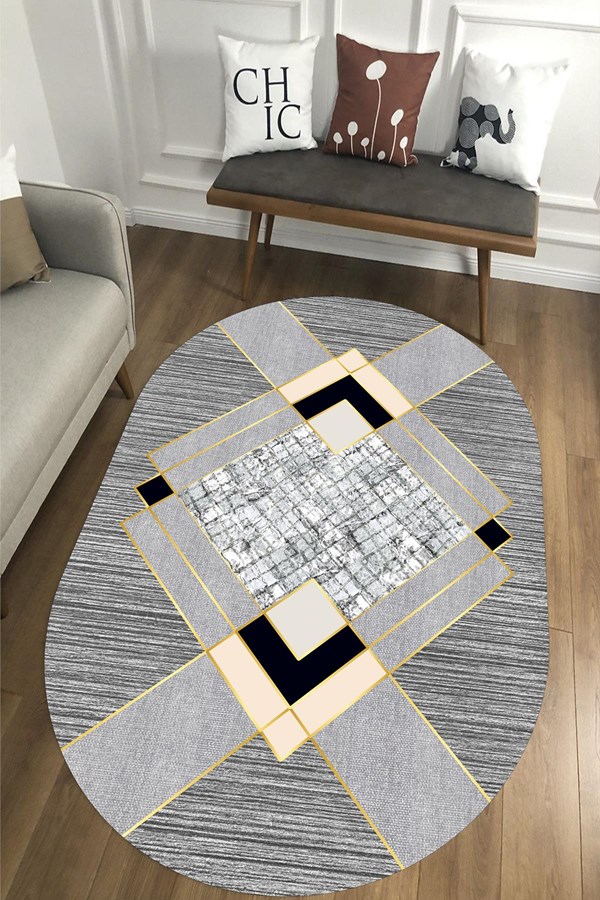 Dijital Baskılı Yıkanabilir Gri Renkli Kristal Göbekli Oval Kaymaz Taban Halı