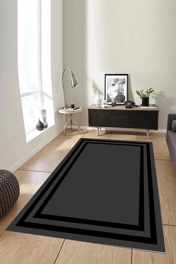 Dijital Baskılı Yıkanabilir Siyah Çerçeveli Desenli Kaymaz Taban Halı